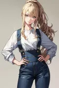 (masterpiece), best quality, expressive eyes, perfect face，Antonio88, masterpiece, best quality, traditional media, 1girl, wavy blonde hair, high ponytail, hair over one eye, grey eyes, smile, contrapposto, hand on hip, denim overalls, white shirt, holding glass, ice cubes, drinking straw, lemonade, black background, white outline