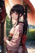 1girl,mature female, dutch angle, cowboy shot, from side,black hair, blunt bangs, long hair, straight hair,folded ponytail,hair ornament,red eyes,smile,looking at viewer,pink kimono, floral print,fur-trimmed kimono, holding umbrella,Japanese shrine ,outdoors, dappled sunlight, new year,morning, wind, blurry background, bokeh,backlighting, indicate details, depth of field,warm color,lens flare,masterpiece,best quality,amazing quality,absurdres,highres, newest, rellahuafeng， cinematic feeling